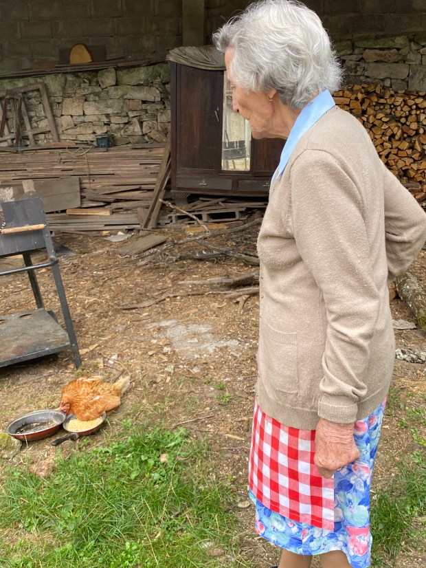 Una anciana de pelo blanco y apoyada en un bastón, contempla a una gallina que no se puede poner en pie y aparece junto a dos sartenes viejas con agua y alimento.