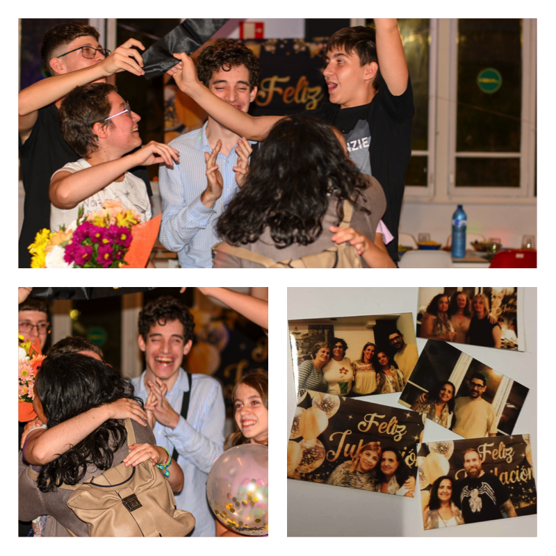 Composición con tres imágenes de la fiesta de jubiliación de María José que captan el momento en que los chicos y chicas reciben a María José y le entregan un ramo de flores.