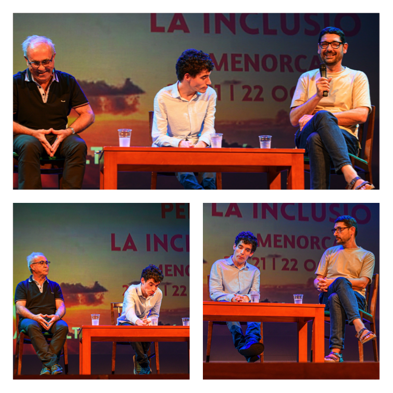 Composición con tres fotografías de la mesa redonda a la que se alude en el texto. En las imágenes aparecen los tres ponentes mecionados. De fondo, la proyección del cartel de las jornadas donde destaca un faro.