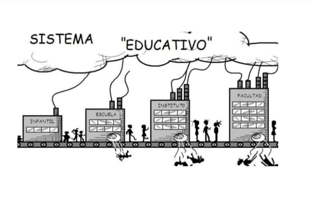 Viñeta en blanco y negro donde aparecen cuatro edificios con el cartel de Infantil, Escuela, Instituto y Facultad en cuyas fachadas se ve un agujero por donde se expulsa a algunos estudiantes. Sobre el dibujo aparece en grande y en mayúsculas: "SISTEMA EDUCATIVO"
