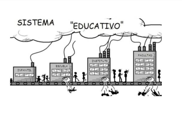 Viñeta en blanco y negro donde aparecen cuatro edificios con el cartel de Infantil, Escuela, Instituto y Facultad en cuyas fachadas se ve un agujero por donde se expulsa a algunos estudiantes. Sobre el dibujo aparece en grande y en mayúsculas: "SISTEMA EDUCATIVO"