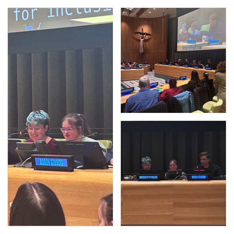 Distintas imágenes de Malena e Indira durante su discurso en la sede de Naciones Unidas