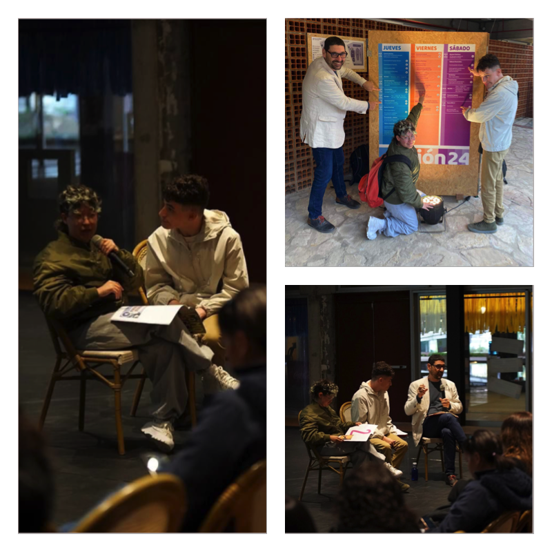 Composición con tres imágenes donde se puede ver a Nacho, Malena y Antón participando en distintos momentos del congreso.