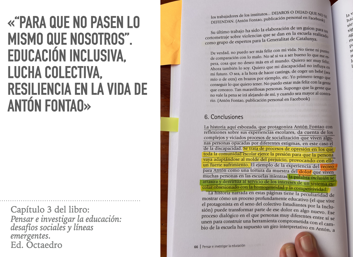 Fotografía de una de las páginas del capitulo con un párrafo resaltado con rotulador amarillo y verde.