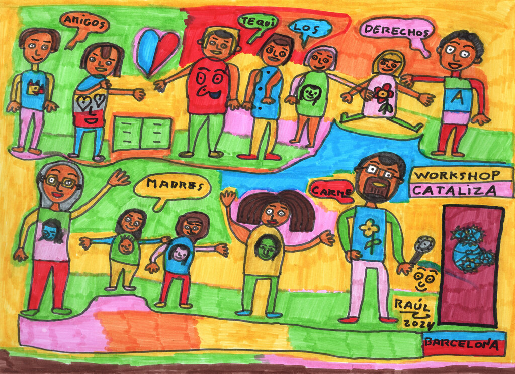 Ilustración realizada por Raúl Aguirre para describir y acompañar este texto. En ella se representan diferentes momentos y a diferentes personas que participaron en el Workshop.