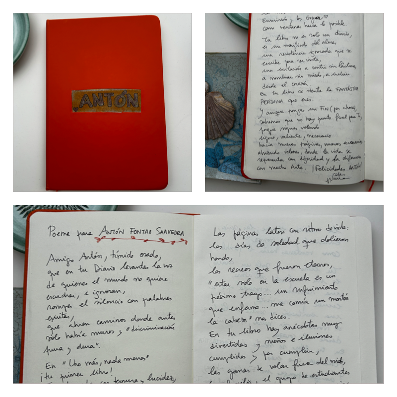 Imágenes del cuaderno naranja con las páginas manuscritas del poema